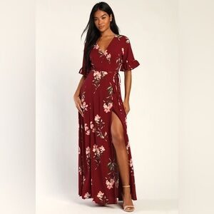 NWT Lulu’s September Sunsets Burgundy Floral Print Wrap Maxi Dress